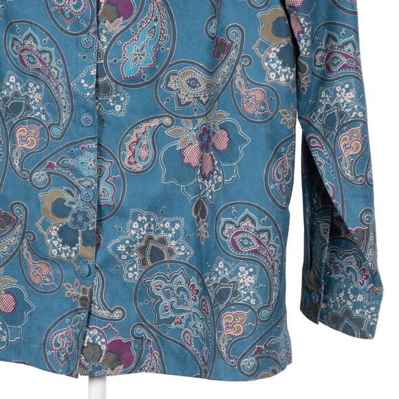 Croft & Barrow Paisley Button Up Shirt L Womens Teal Microfiber Collared - Picture 3 of 6
